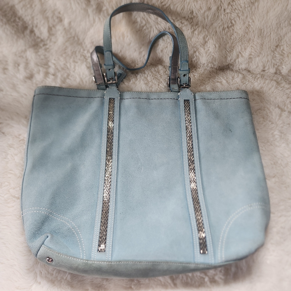 Vintage Coach Powder Blue Gallery Tote Soft Split Suede Metallic Beaded Trim Y2K - Picture 2 of 16